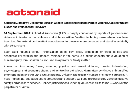 ActionAid Zimbabwe Condemns Surge in Gender-Based and Intimate Partner Violence, Calls for Urgent Justice and Protection for Survivors