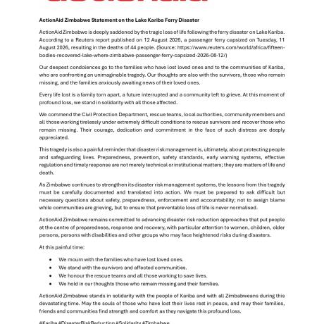 ActionAid Zimbabwe Statement on the Lake Kariba Ferry Disaster